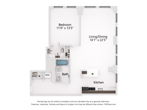 Floor plan for 1 bed, 1 bath, 850 sqft